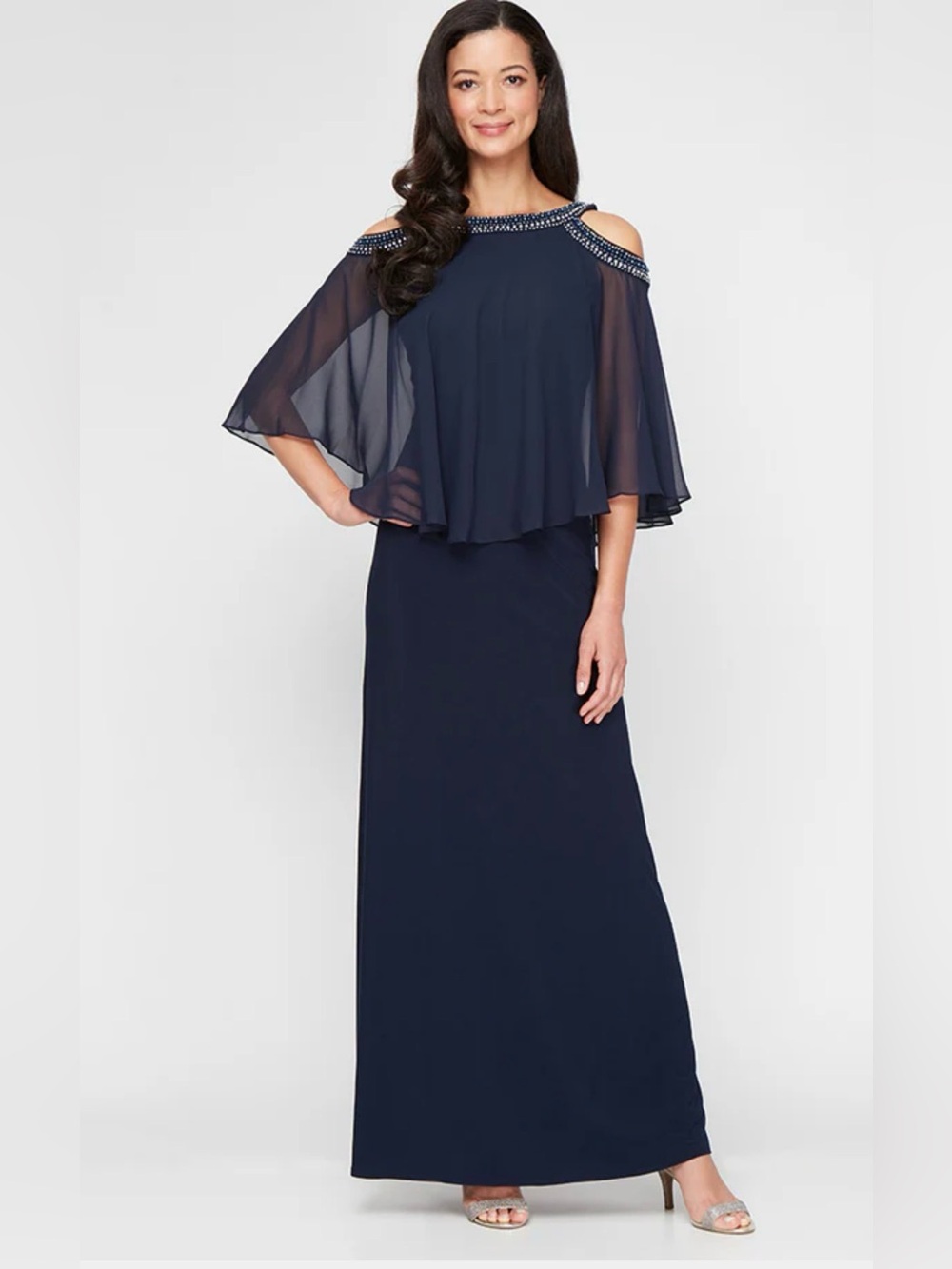 Alex Evenings Blue Embellished Cold Shoulder Popover Formal Gown Size 16 $249